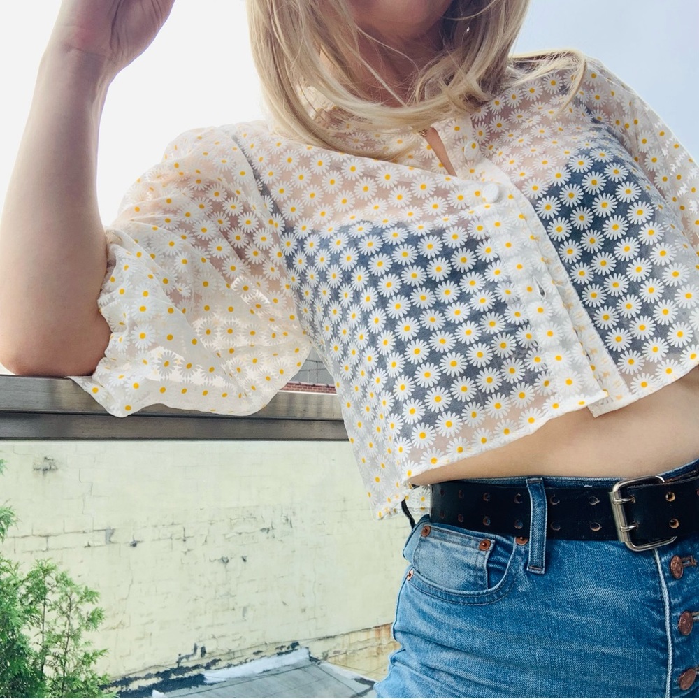 Zara Daisies Balloon Lantern 3/4 Sleeves Crop Top - Picture 8 of 16